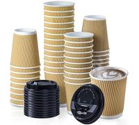 Fit Meal Prep 50 Pack 8 oz Insulated Ripple Triple Wall Paper Coffee Cups with Black Lids, Premium Disposable, Brown To Go Anti Slip for Hot Beverage, Christmas, Travel, Office