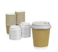 Fit Meal Prep [50 Pack] Disposable Hot Cups with Lids - 4 oz Brown Double Wall Insulated Ripple Sleeves Coffee Cups with White Dome Lid - Kraft Paper Cup for To Go Chocolate, Tea, and Cocoa Drinks