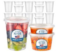 Fit Meal Prep Food Storage Containers With Lids, Round Plastic Deli Cups, Us Made, 8, 16, 32 Oz, Cup Pint Quart Size, Leak Proof, Airtight, [36 Pack] Mixed Sizes Clear