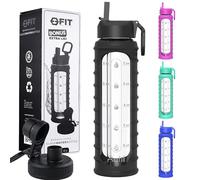 FIT Strong & Healthy 32 oz Glass Water Bottle with Straw Lid, Time Marker, Sleeve & Extra Lid - Motivational, Wide Mouth, BPA-Free, Drinking Bottle, Waterbottle (Black Ribbed Sleeve)