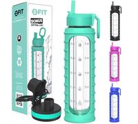 FIT Strong & Healthy 32 oz Glass Water Bottle with Straw Lid, Time Marker, Sleeve & Extra Lid - Motivational, Wide Mouth, BPA-Free Drinking Bottle, Waterbottle (Seafoam Ribbed Sleeve)