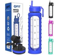 FIT Strong & Healthy 32 oz Glass Water Bottle with Straw Lid, Time Marker, Sleeve & Extra Lid - Motivational, Wide Mouth, BPA-Free Drinking Bottle, Waterbottle (Royal Blue Ribbed Sleeve)