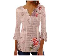 Fit T Shirts Womens Blouse Loose Tunnic Fit Tee Women's Spring and Summer Seven Minutes of Bell Sleeve V Neck Pressed Pleated Solid Color Button T Shirt Little Year (Pink, L)