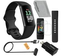 Fitbit Charge 6 Fitness Tracker Watch (Black) Pack of 2 Watch Straps, 1.8 m Charging Cable, Wall Adapter, Screen Protector and Cleaning Cloth Compatible with Fitbit