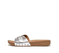 Women's Fitflop Women's Iqushion Adjustable Buckle Metallic Leather Slides Silver - Size: 7