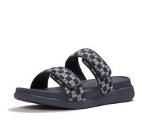 FitFlop Women's F-MODE GO Adjustable Checkerboard-Denim Two-Bar Slides with Cushioned Microwobbleboard Midsole & Chunky Sole, Dark Denim, 6.5