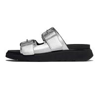 FitFlop Women's Gen-FF Buckle Metallic Tumbled-Leather Two-Bar Slides | Durable Adjustable Ergonomic Arch Support Sandals, Silver, 8.5