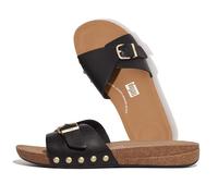 FitFlop Women's Iqushion Adjustable Buckle Leather Slides Wedge Sandal, Black, 4 UK