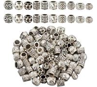 Fitlin 1 Box 10 Styles 100Pcs Antique Gold Beads Barrel Spacer Bulk Loose Alloy Metal Vintage Tibetan European Column Large Hole Spacers For Jewellery Making Findings Bracelets Necklace(Silver)