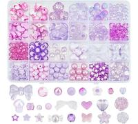 Fitlin 1 Box 344Pcs Purple Aesthetic Beads Acrylic Assorted Beads Cute Bowknot Candy Butterfly Heart Flower Stars Round Crystal Bulk For Bracelet Necklace Jewelry Making DIY Crafts Phone Charm