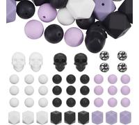 Fitlin 1 Box 71Pcs Halloween Silicone Beads Skull 15mm Purple Black White Holiday Silicone Focal Skeleton Assorted Rubber For Jewelry Making Supplies DIY Bracelet Lanyard Beaded Pens