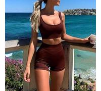 Fitness and Running Two Piece Set for Women Comprising Tank Top and Shorts, Breathable Material for All Season Sports Activities (S Brown)