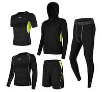 Fitness Sweat Sports Set Clothing Compression Training Soft Quick Dry Breathable Running Men's 5 Pieces (Green, M)