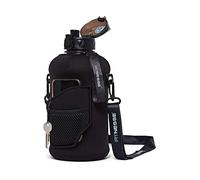 Fitnesse 2.2L Water Bottle with Straw and Covered Lid - Phone & Key Storage - Drop proof - Leak Proof - Shoulder Strap and Handle - Large Gym Water Bottle - BPA Free - Black