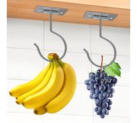 Fitnice 2PCS Self Adhesive Banana Hook Under Cabinet Foldable Banana Hanger Metal Under Counter Banana Hook to Keep Bananas Fresh Banana Holder for Kitchen RV Space Saving, Silver