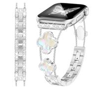 fitonyo Bling Diamond Clover Bands Compatible with Apple Watch Series 10/9/8/7/6/5/4/3/2/1/SE,Sparkle Bling Diamond Dressy Metal Bracelet Adjustable Bands for iWatch 38mm/40mm/41mm/42mm Silver