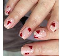 Fitooles Valentine's Day Heart Print Short Square Press On Nails Set Stick on Nails Manicure Nails Art for Elegant Look