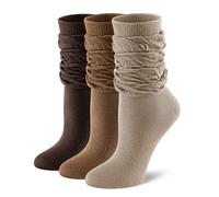 FITRELL Slouch Crew Socks for Women, Pre-sewn Slouch Look Soft Cotton Mid Calf Retro Cute Socks 3 Pairs (Can't Straighten), Khaki+light Brown+dark Brown, M-L