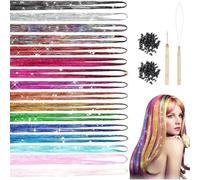 FiTspi 16 Colours Hair Tinsel Strands Kit with Tools, 48 Inch Tinsel Hair Extensions Glitter for Women Girls, Hair Accessories Decoration for Party Supplies