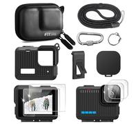 FiTSTILL PU Mini Carrying Case & Silicone Sleeve with Rubber Protection for GoPro Hero 4K, Replaces Battery Side Cover, Lens Caps, Lanyard, & Screen Protectors
