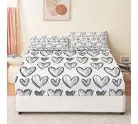 Fitted Bed Sheet With Matching FREE 2 X PILLOW CASE Sheet Set 140 x 190 + 30 CM Hand Drawn Heart Pattern Deep Pocket Printed Fitted Sheet Soft & Breathable Grey