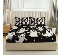 Fitted Bed Sheets Black - Cartoons Cute Ghosts Water Drops Design - Soft Comfy Microfiber Fabric with Non Iron and Discolour Resistant - with 30 cm Deep Pocket 135 × 200 cm