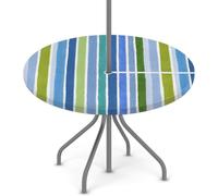 Fitted Round Outdoor Tablecloth with Umbrella Hole, Blue Teal Stripes Patio Table Cover with Zipper Spring Decoration Waterproof Umbrella Table Cover for Party Picnic, Fit for 45"-56" Round Tables