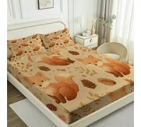 Fitted Sheet 180 × 200 cm - Retro Cute Fox Pine Cone Printed Sheets, 30 cm Deep Hotel Quality Bed Sheets - Brown Soft & Breathable Fitted Sheet - Anti-Wrinkle & Hypoallergenic