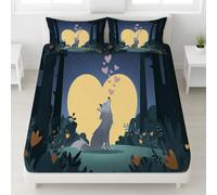 Fitted Sheet 3 Pieces Double Size Cartoon, Forest, Romantic - Soft Microfiber Bedding Set Grey Wolf Looking Up at Moon Hotel Quality Deep Pocket Bottom Sheet Perfect for Bedrooms and Kids' Rooms