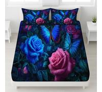 Fitted Sheet 3 Pieces Emperor Size Blue Winged Butterfly Rose Vine - Soft Microfiber Bedding Set Romantic Dreamlike Botanical Garden Luxury Hotel Quality Deep Pocket Bottom Sheet Perfect