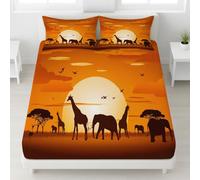 Fitted Sheet 3 Pieces Emperor Size Savanna Sun Giraffe Elephant Wildlife - Soft Microfiber Bedding Set African Safari Retro Vintage Warm Nature Wild Hotel Quality Deep Pocket Bottom Sheet Perfect