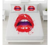Fitted Sheet 3 Pieces European Double Size Red Lips Teeth Pop Art - Reversible Bed Sheets 135 x 200 CM Deep Pocket Bottom Sheet Perfect for Bedrooms and Kids' Rooms