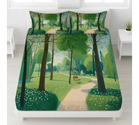 Fitted Sheet 3 Pieces Small Double Size British Park Tree Bench Footpath - Soft Microfiber Bedding Set Relaxing English Countryside Fresh Scenic Path Hotel Quality Deep Pocket Bottom Sheet Perfect
