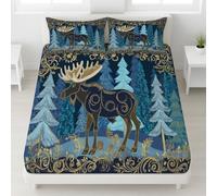 Fitted Sheet 3 Pieces Small Double Size Nordic Elk Moose Forest Bushes - Soft Microfiber Bedding Set Retro Luxury Woodland Fine Art Wildlife Hotel Quality Deep Pocket Bottom Sheet Perfect