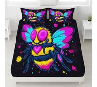 Fitted Sheet 3 Pieces Small Double Size Trendy Bumblebee Eyes Heart Shape - Soft Microfiber Bedding Set Modern Cartoon Love Valentine Graphic Insect Hotel Quality Deep Pocket Bottom Sheet Perfect
