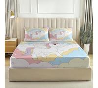 Fitted Sheet - 30 Cm Deep Hotel Quality Cream Bed Sheets - Soft & Breathable Fitted Bed Sheets Fantasy Unicorns Clouds - Easy Care Fitted Sheet Small Double 48" X 75"(122 X 190 Cm)