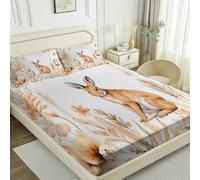 Fitted Sheet 30 cm Deep Microfiber, White Ultra Soft No-Iron Wrinkle Fitted Bed Sheets, Pastoral Style Watercolor Plant Rabbit Print Design, Hypoallergenic Breathable Sheets King 150 × 200 cm