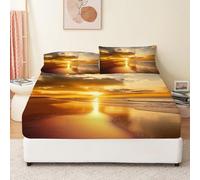 Fitted Sheet 30Cm Deep Pocket 140 X 200 Cm 55" X 79" With All-Round Elastic Ultra Soft Breathable Microfibre Beach Sunset Waves Anti-Wrinkle & Non-Slip Includes 2 Pillowcases (50X75Cm) Gold Orange