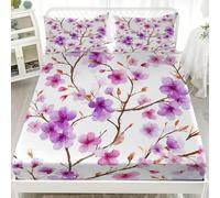 Fitted Sheet 4ft Small Double 48x75 inch Ultra Soft Microfibre Wrinkle Free White Fitted Bed Sheets - Deep Pocket 12", Romantic Watercolor Cherry Blossoms Single Bedding Sheets with 2 Pillowcase