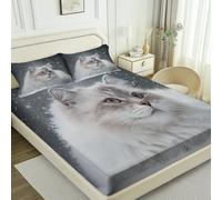 Fitted Sheet 90 × 190 cm, Dark Gray Bedding Fitted Sheet Deep Pocket up to 30 cm, Wrinkle and Fade Resistant, Close-Up Snowflakes Animals Ragdoll Cat Printed - Soft & breathable microfiber fabric