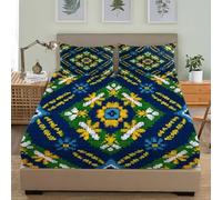 Fitted Sheet 90x190 cm 30 cm Deep Bohemian Geometric Ethnic Style Fitted Bed Sheets Brushed Microfiber Ultra Soft No-Iron Wrinkle Resistant Breathable Blue Green Single Sheets + 2 Pillowcases