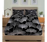 Fitted Sheet 90x190 cm 30 cm Deep Plant Ginkgo Leaf Pattern Fitted Bed Sheets Brushed Microfiber Ultra Soft No-Iron Wrinkle Resistant Breathable Black Single Sheets + 2 Pillowcases