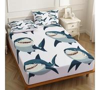 Fitted Sheet Abstract Shark Set 140 x 190 cm 25cm Deep Pocket Brushed Microfiber with 2 Pillowcases blue Bedding