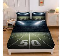 Fitted Sheet American Football Field180x200x30cm, Sports Theme Sheet for Super King Size Bed Easy to Care 30cm Extra Deep Fitted Bed Sheets with 2 Pillow, Green