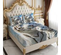 Fitted Sheet animal father and son tiger Set 25cm Deep Pocket Microfiber with Pillowcases Elastic Edge Secure Fit Blue Sky Bedding 90 x 190 cm