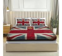 Fitted Sheet Bed Sheets Set Small Double, Vintage Suitcase Union Jack Fitted Sheet for Kids Boys Girls Red Decor Bedding Set Lightweight Microfiber Bedroom Decor with 2 Pillow Cases