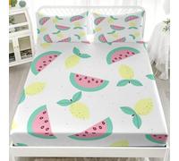Fitted Sheet Bedding Double, 12 inch Deep Pocket Cartoon Watermelon And Lemon Print Sheet & Pillowcase Sets, Super Soft Microfiber Fitted Sheet, White Breathable Hypoallergenic Bottom Sheet
