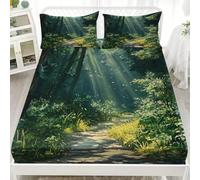 Fitted Sheet Bedding Super King, 12 inch Deep Pocket Sunny jungle Path Sheet & Pillowcase Sets, Super Soft Microfiber Fitted Sheet, Green Breathable Hypoallergenic Bottom Sheet