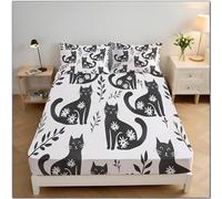 Fitted Sheet Black Cat180x200x30cm, Hand-Drawn Illustration Sheet for Super King Size Bed Easy to Care 30cm Extra Deep Fitted Bed Sheets with 2 Pillow, Dark Gray