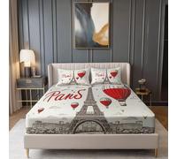 Fitted Sheet Deep Fit - Soft Microfibre Little Parisian Style Eiffel Tower Hot Air Balloon Fitted Bed Sheets with 2 Envelope Pillowcases 180 x 200 (Fits Mattress Up to 30cm Deep) Red Ivory White